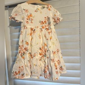 White Floral Tiered Kids Dress with Orange Blossom Print